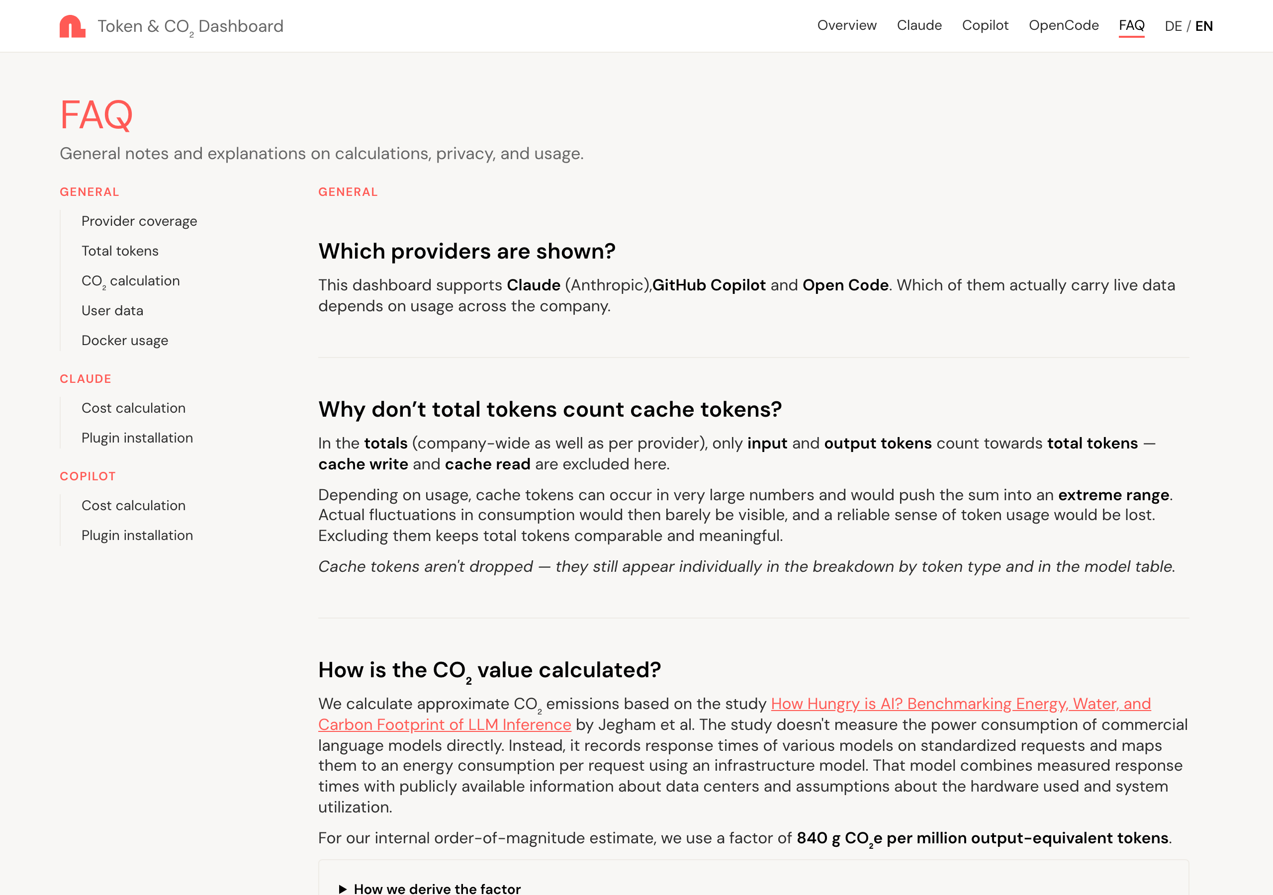 The FAQ page with a table of contents and answers on provider coverage, total tokens and CO₂ calculation.