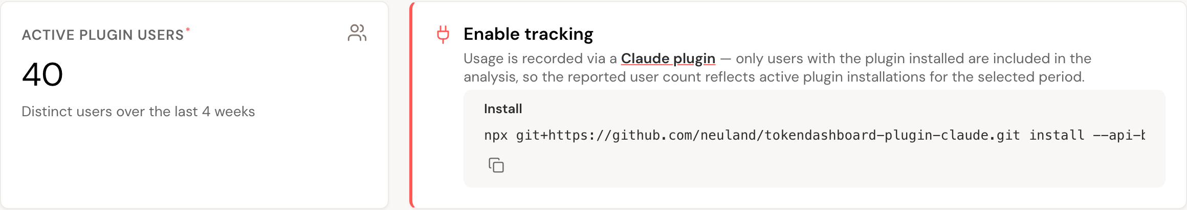 Plugin panel showing 40 active plugin installations and a copyable npx install command.