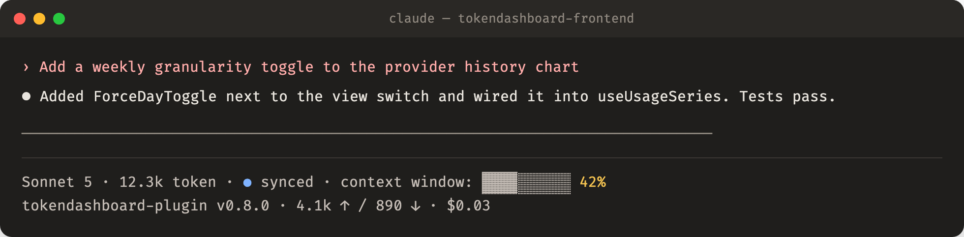 A terminal with the two-line statusline: model, session tokens, a synced dot, context window bar, plugin version, up/down tokens and $0.03.